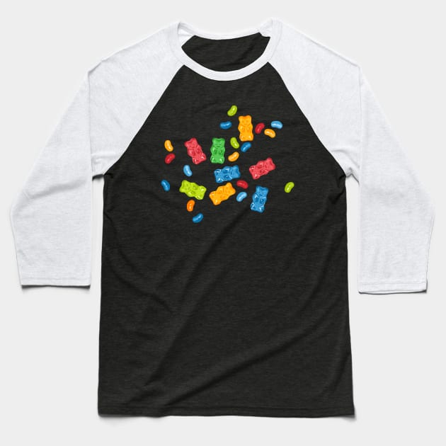 Jelly Beans & Gummy Bears Explosion Baseball T-Shirt by XOOXOO